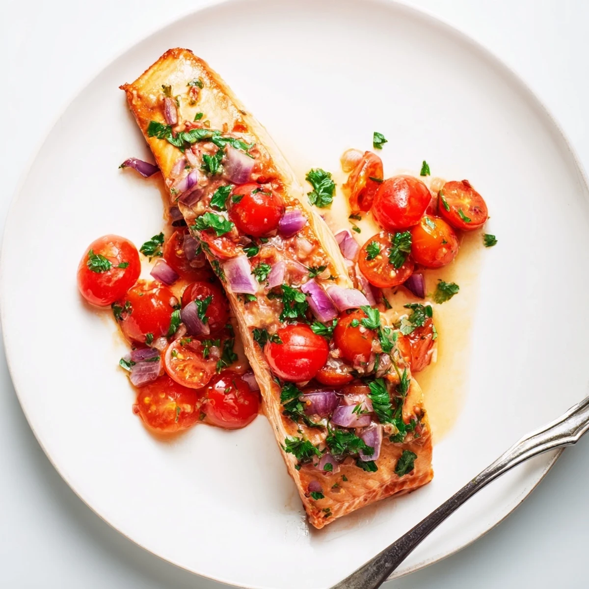 Golden pan-seared salmon fillets drizzled with vibrant tomato lemon sauce and fresh parsley garnish