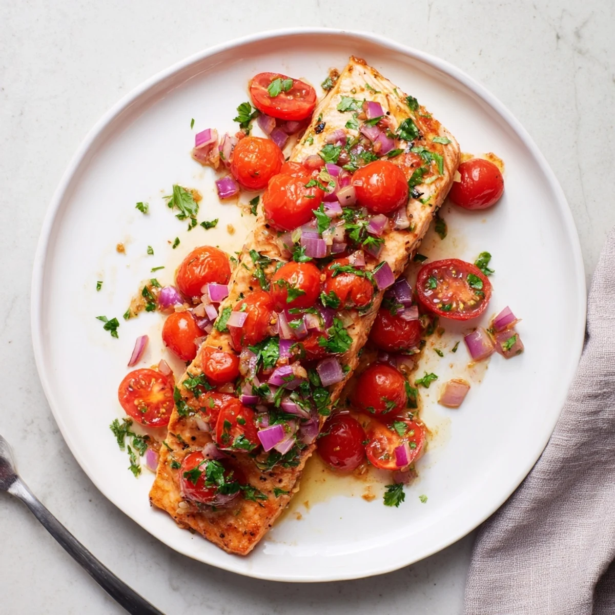 Easy salmon with tomato lemon sauce served on white plate with juicy cherry tomatoes