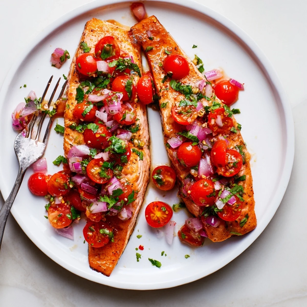 Flaky quick and easy salmon with tomato lemon sauce featuring zesty citrus and tender roasted vegetables