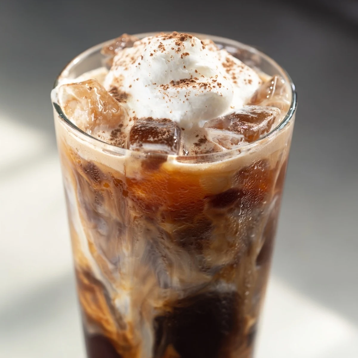 Refreshing iced coffee with milk poured over ice in a tall glass