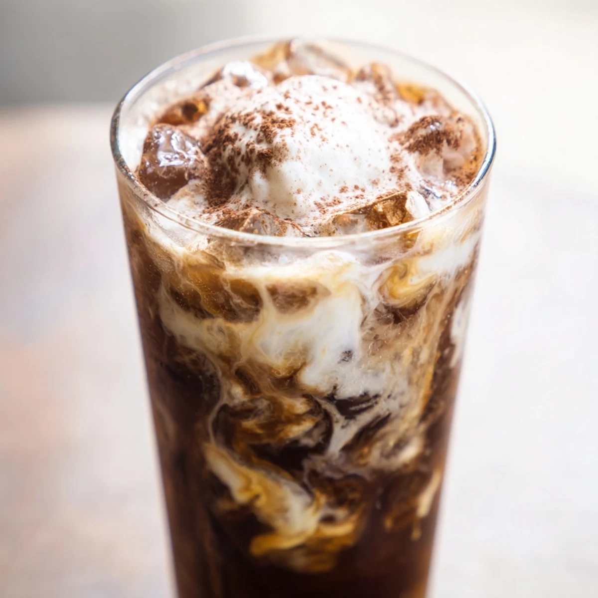 Homemade refreshing iced coffee served over ice with lightly sweetened creamy swirls