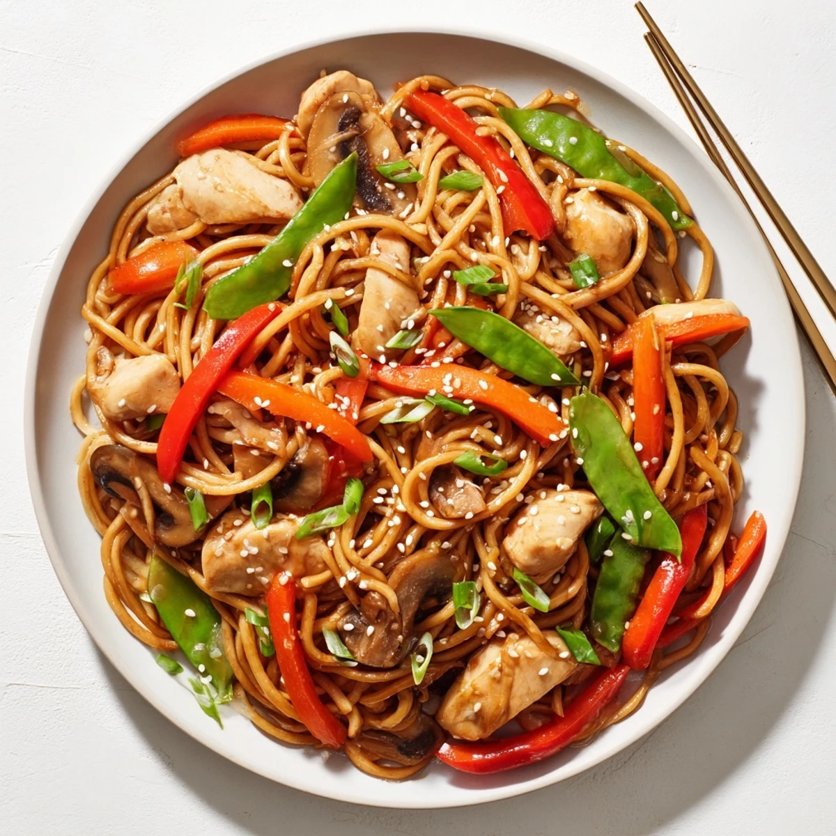Crockpot Chinese chicken lo mein featuring bite-sized chicken breast, snow peas, bell peppers, and glossy sauce coating every noodle.
