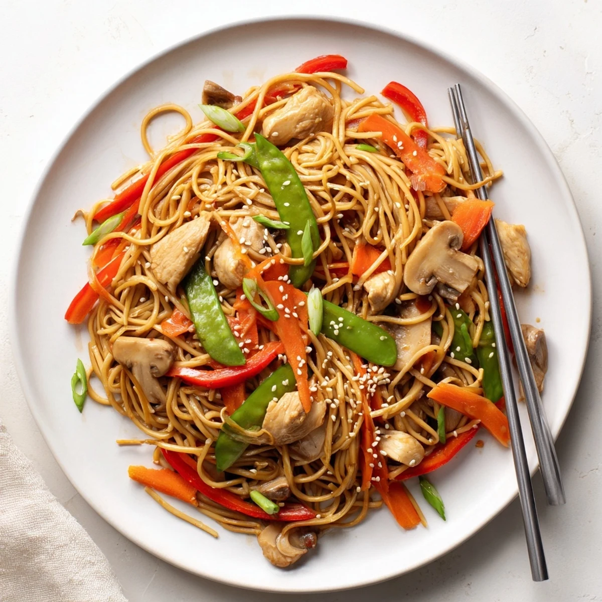 Slow cooker chicken lo mein with tender noodles, colorful vegetables, and savory soy-ginger sauce garnished with sesame seeds.
