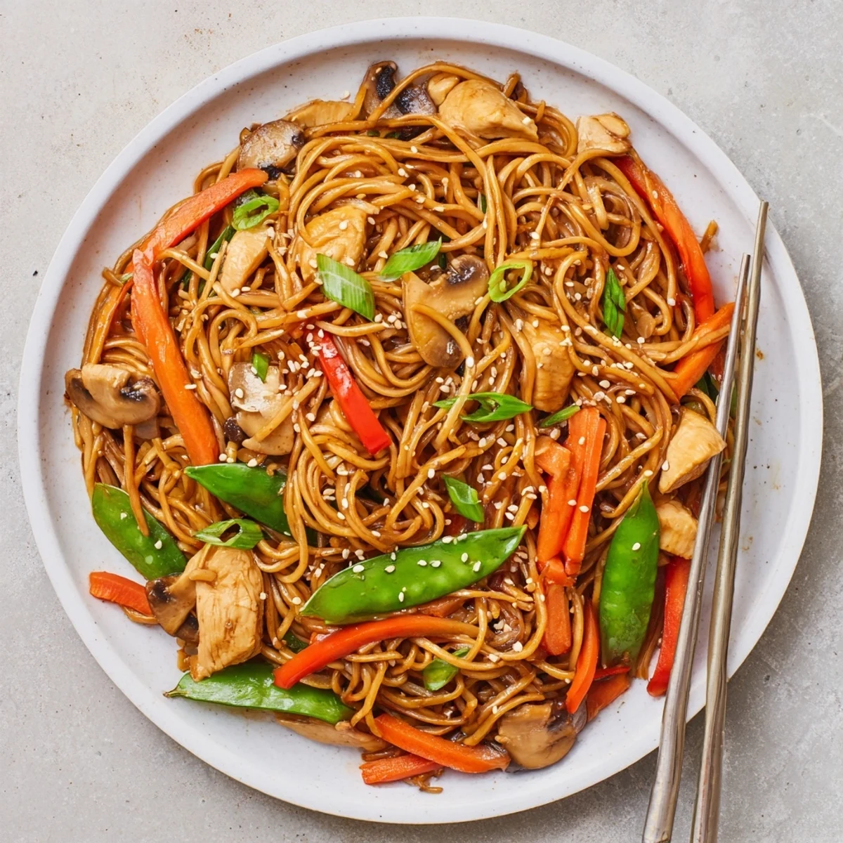 Easy slow cooker lo mein bowl piled high with chicken, crisp vegetables, and sauce-infused noodles topped with fresh green onions.