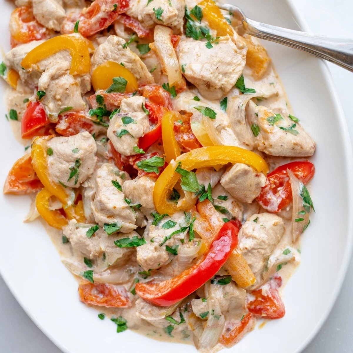 Tender Brazilian coconut chicken pieces in spicy red tomato sauce with vibrant sliced vegetables