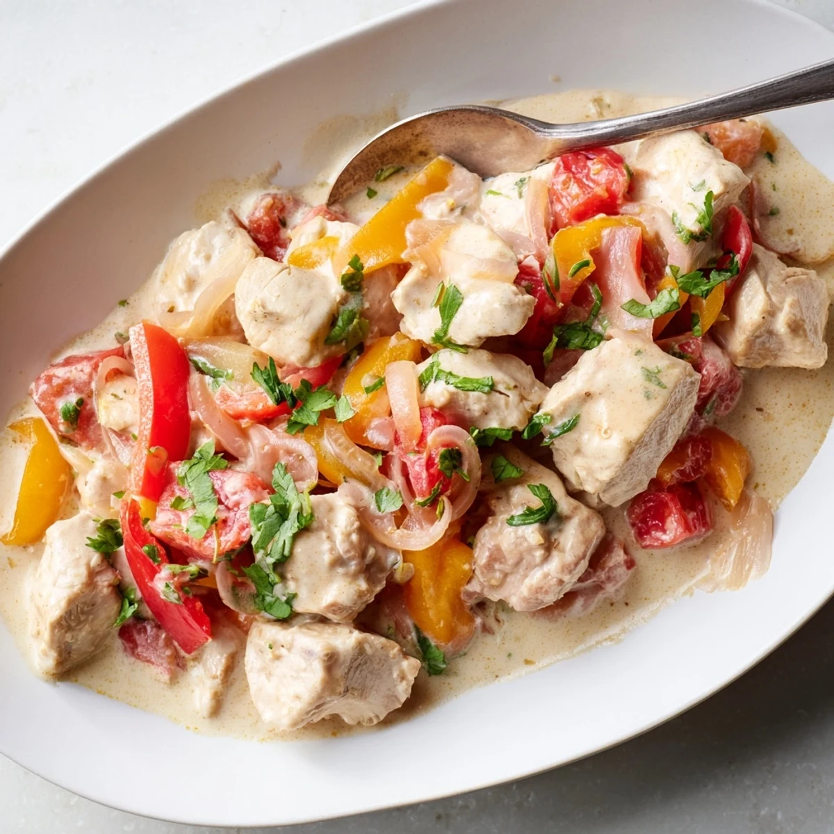 Creamy coconut chicken stew garnished with fresh cilantro and lime wedges over white rice