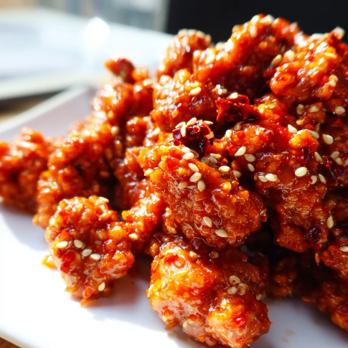 Colorful firecracker chicken bowl with crisp veggies and creamy sriracha mayonnaise drizzle