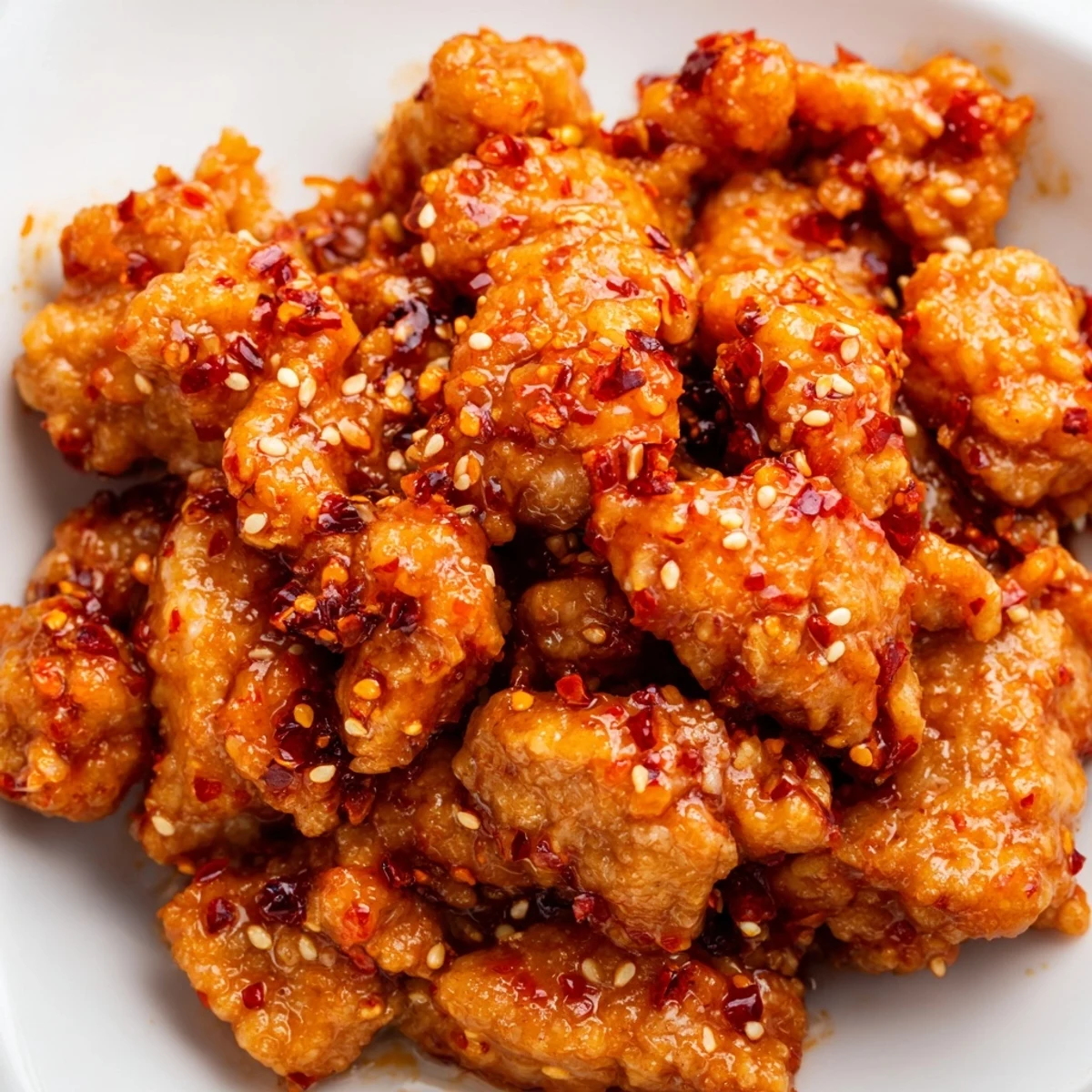 Spicy ground chicken coated in fiery red sauce over fluffy white jasmine rice