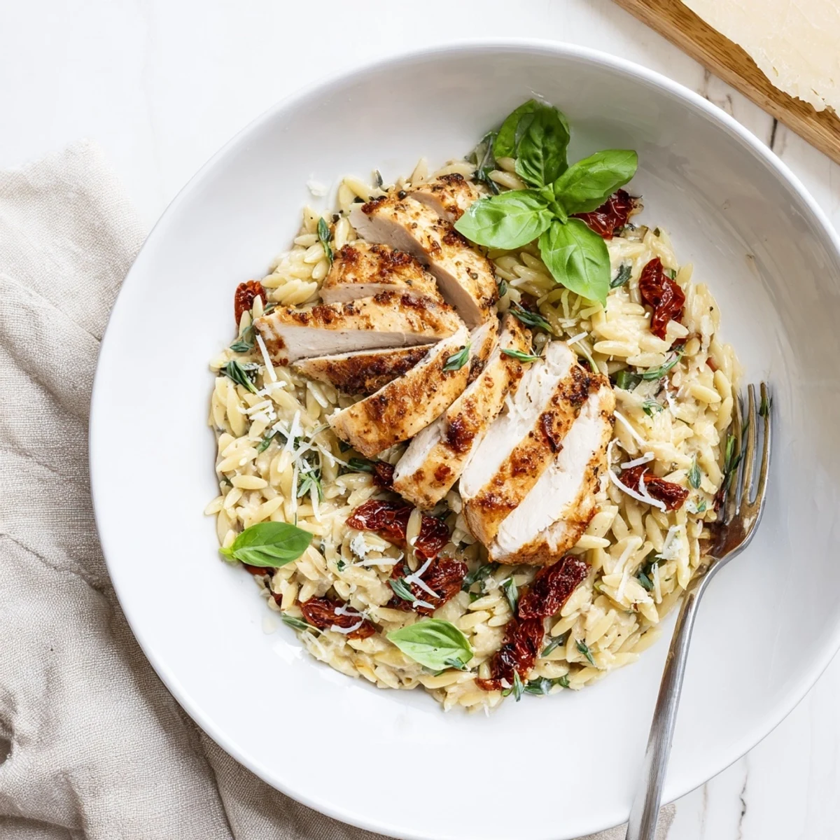 Creamy Marry Me Chicken Orzo with tender chicken, sun-dried tomatoes, and fresh basil garnish in a white skillet.