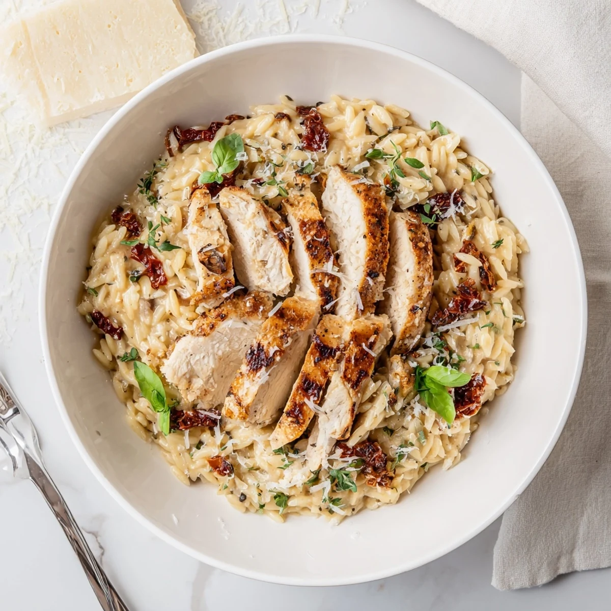 Golden seared chicken breasts nestled in rich, cheesy orzo pasta with vibrant sun-dried tomato pieces.