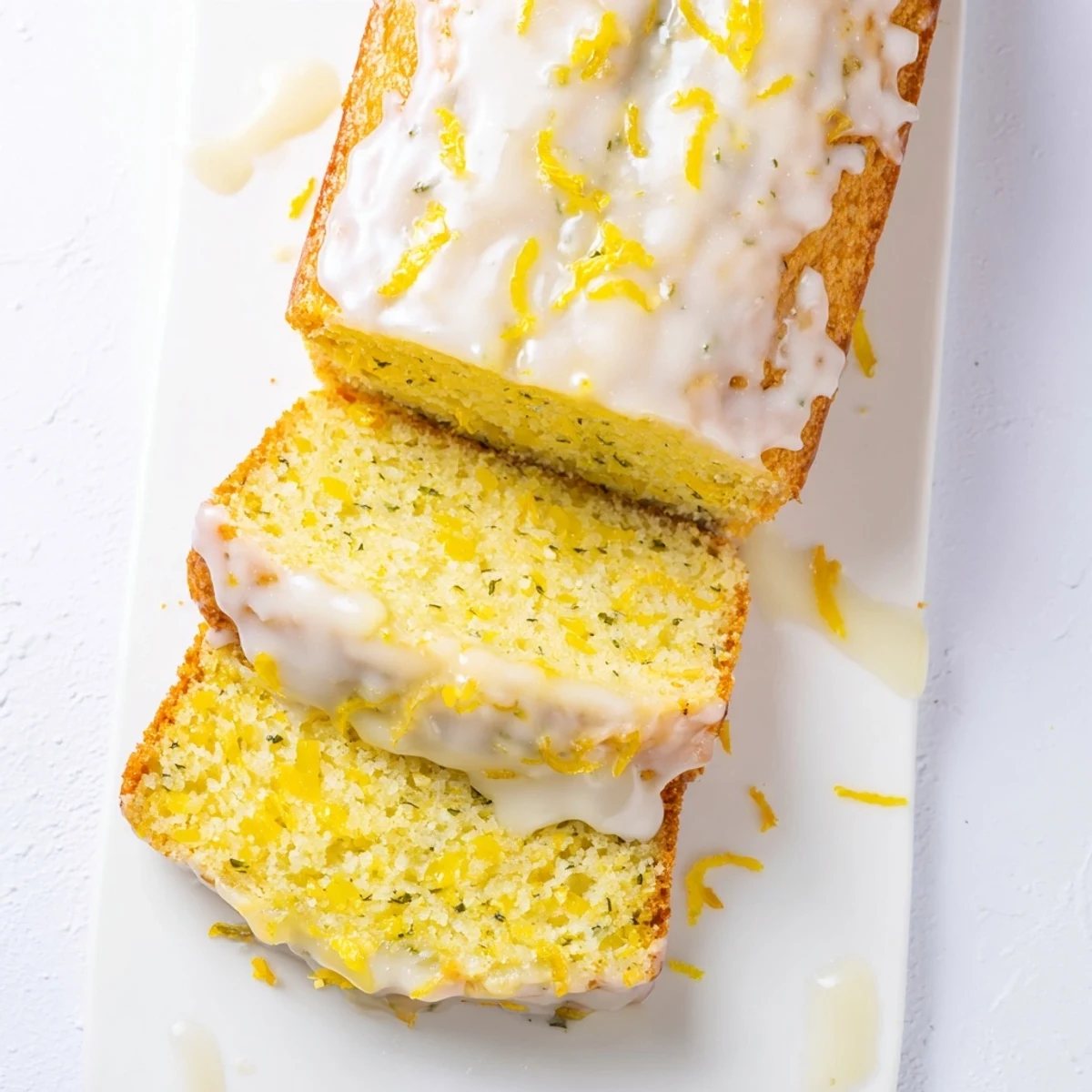 Zesty bright lemon loaf topped with sweet icing and fresh lemon zest garnish