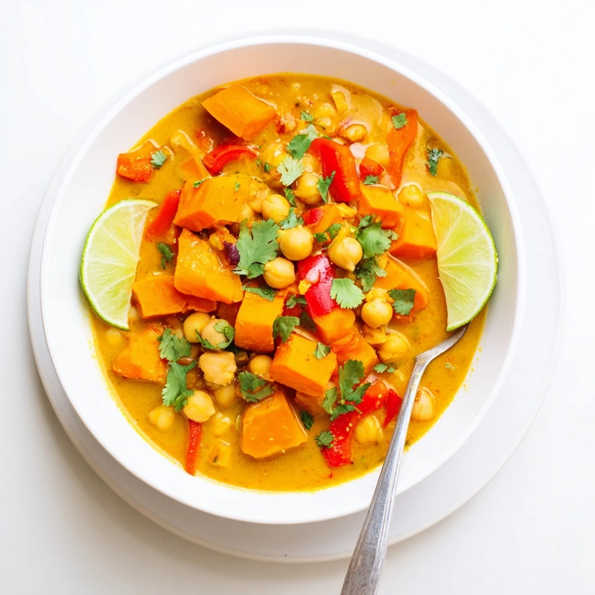 Creamy chickpea and sweet potato curry simmered in spiced coconut-tomato sauce with fresh cilantro garnish