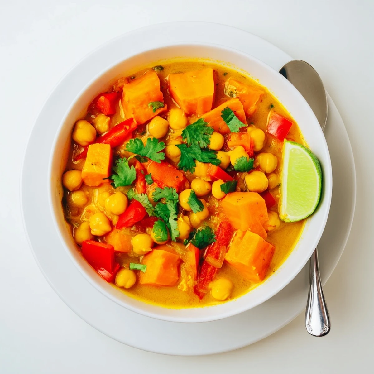 Hearty bowl of chickpea and sweet potato curry served over steaming basmati rice with lime wedges