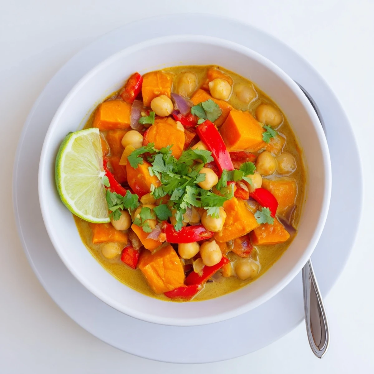 Golden sweet potato cubes and tender chickpeas swimming in aromatic Indian-spiced coconut curry sauce
