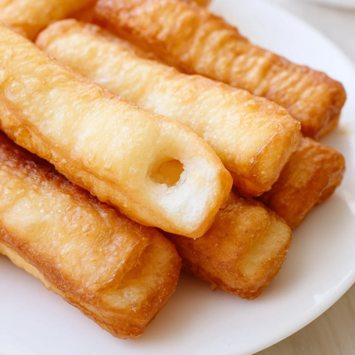 Hand-stretched Youtiao strips puffing beautifully in hot oil during deep frying process
