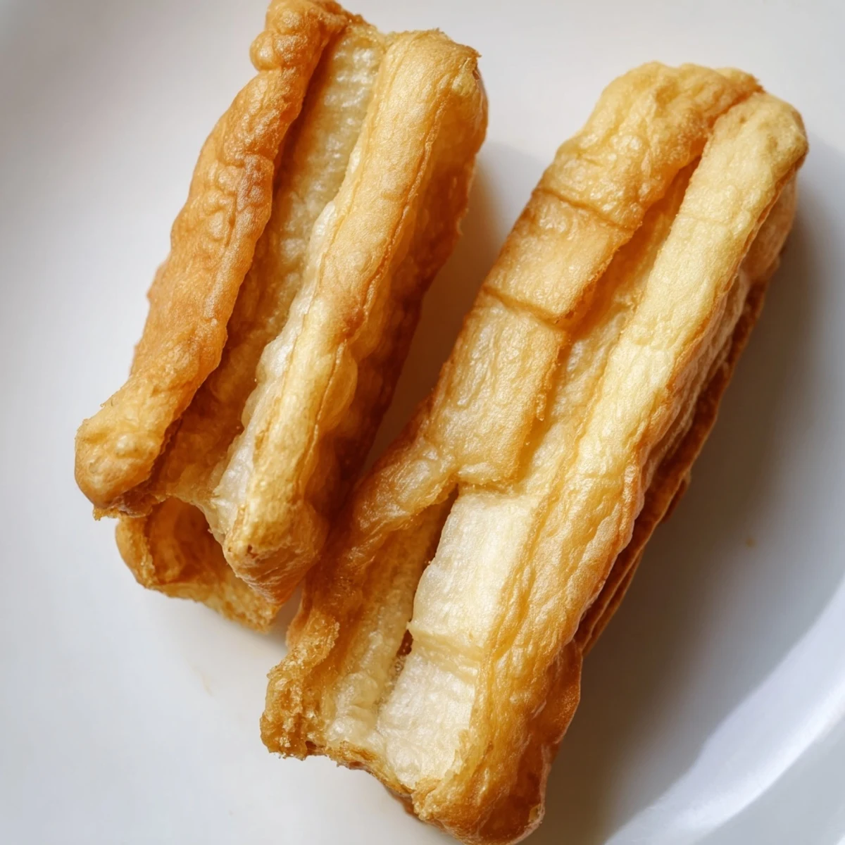 Golden fried Youtiao Chinese doughnuts piled high on a wire rack ready for breakfast dipping