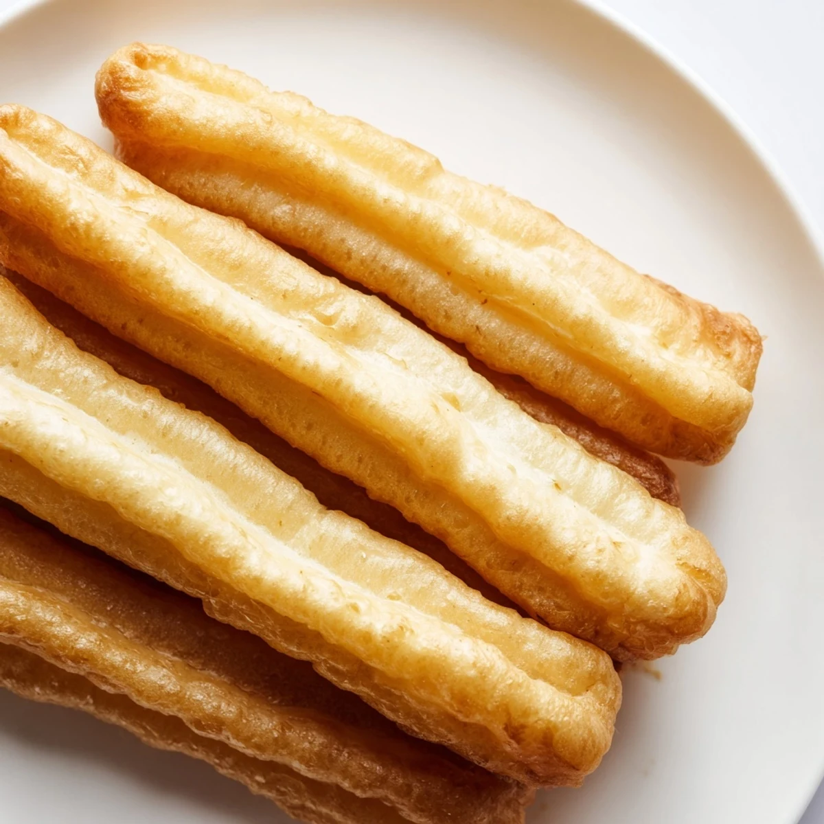 Crispy hollow Youtiao breakfast sticks served alongside warm soy milk for traditional Chinese morning meal