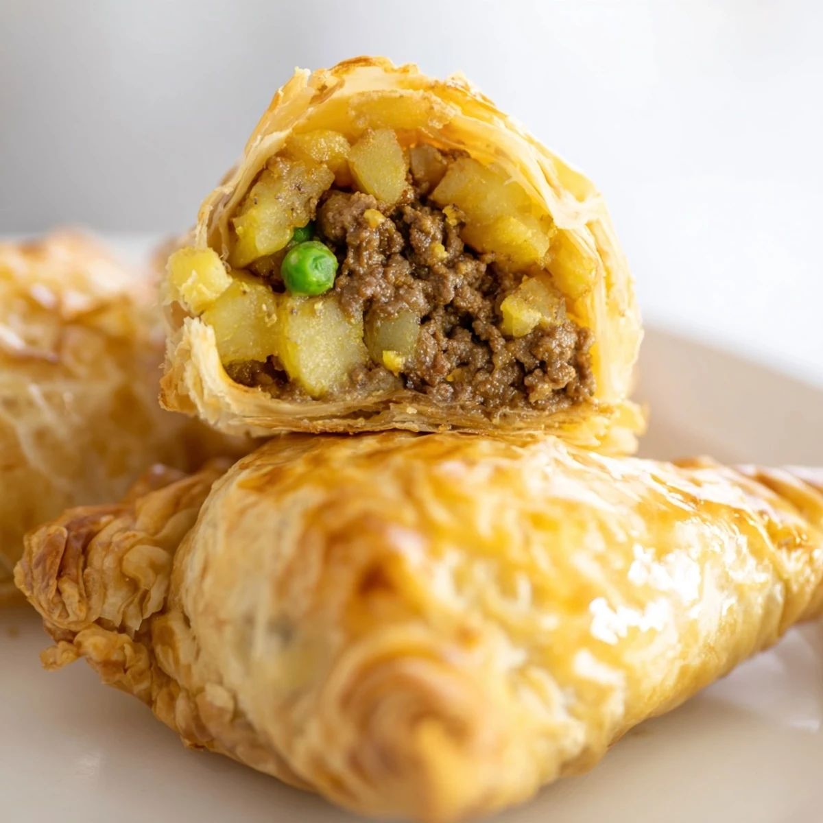 Delicious curry puffs with beef arranged on serving plate ready for snacking