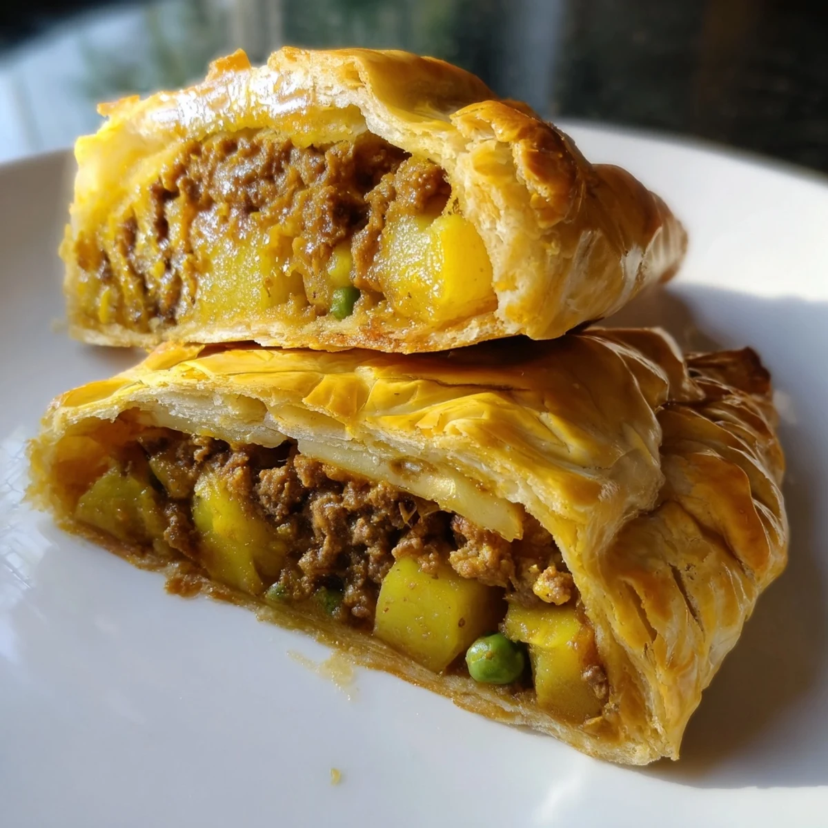 Baked curry puffs with beef display crispy crust and aromatic potato beef mixture