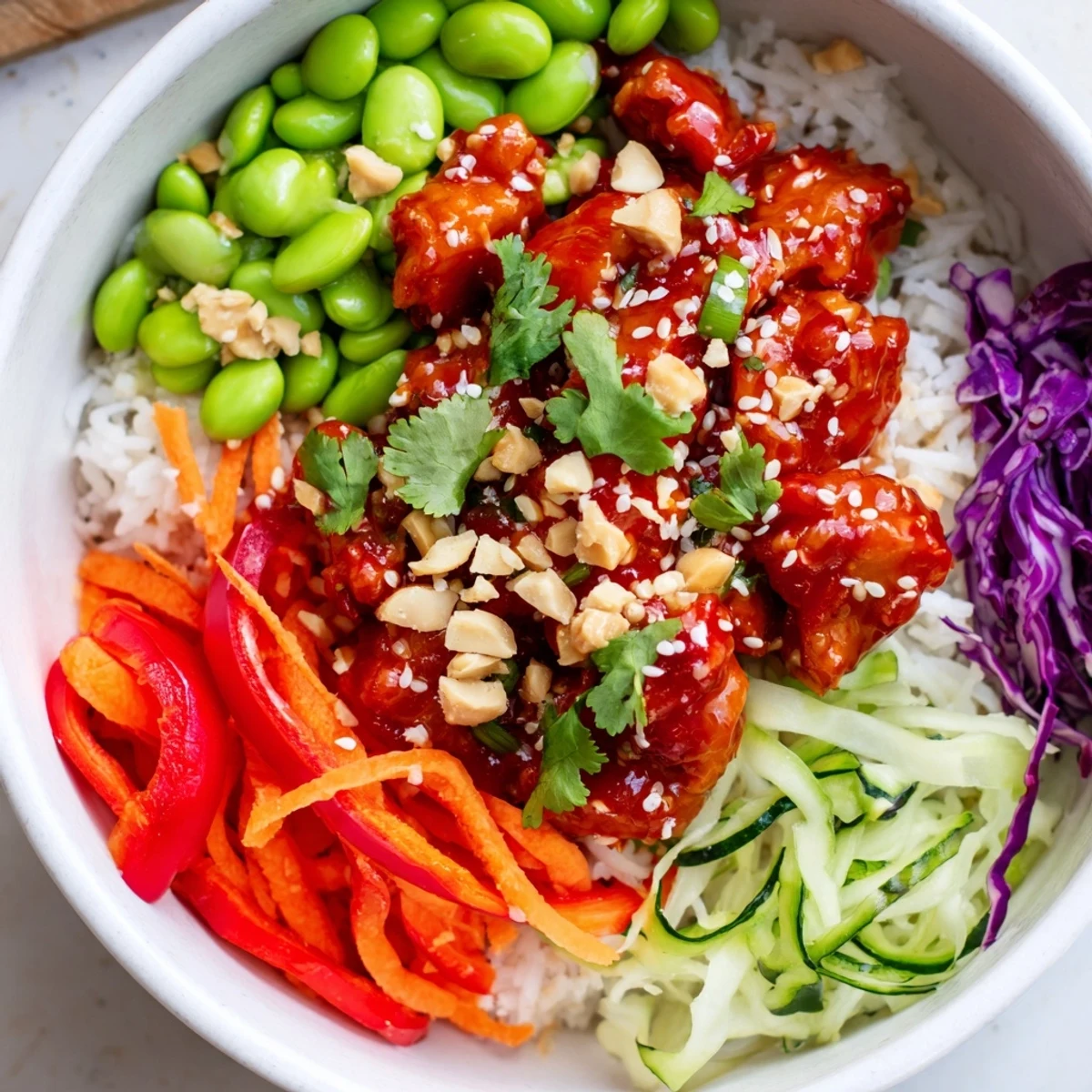 Colorful Thai sweet chili chicken Buddha bowl with glazed chicken over fluffy jasmine rice and crisp vegetables