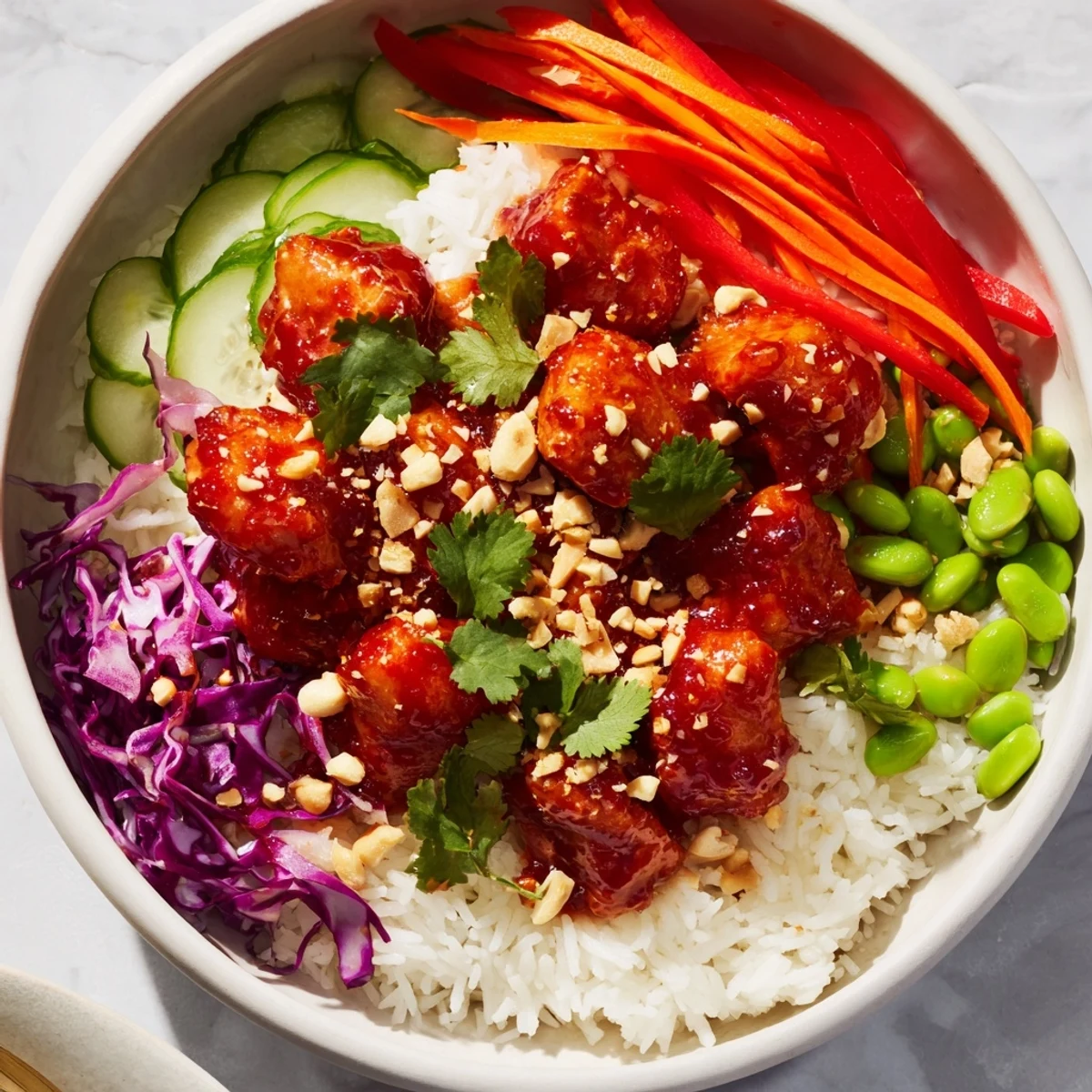 Golden chicken pieces coated in tangy sweet chili sauce atop a bed of rice with vibrant purple cabbage and carrots