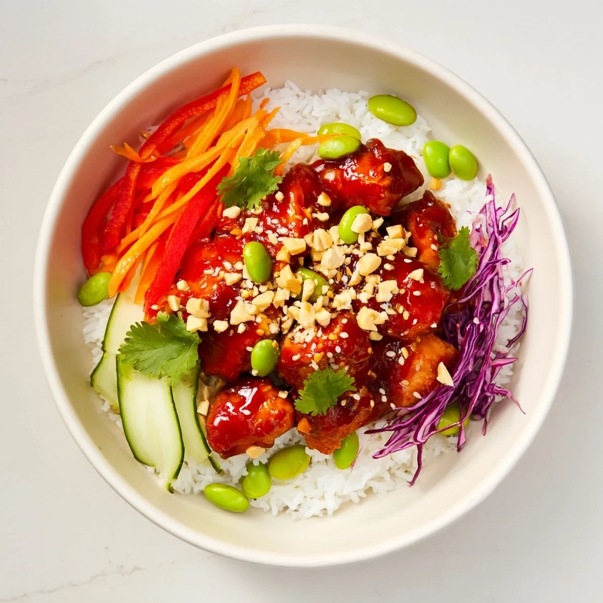 Sizzling Thai sweet chili chicken served in a bowl with sliced peppers cucumber edamame and zesty lime dressing garnish