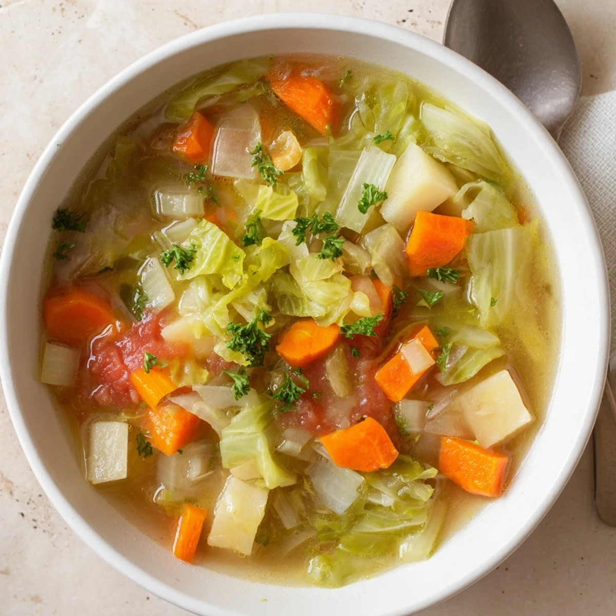 Bowl of steaming cabbage soup filled with tender carrots, celery, and savory herbs