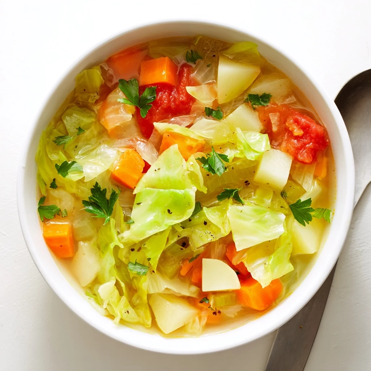 Hearty cabbage soup simmering with colorful vegetables in a rich vegetable broth