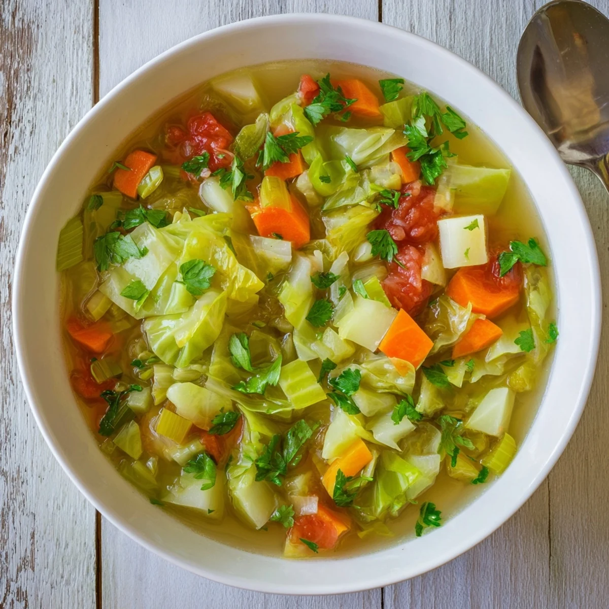 Vegan cabbage soup garnished with fresh parsley, ready for a comforting winter meal