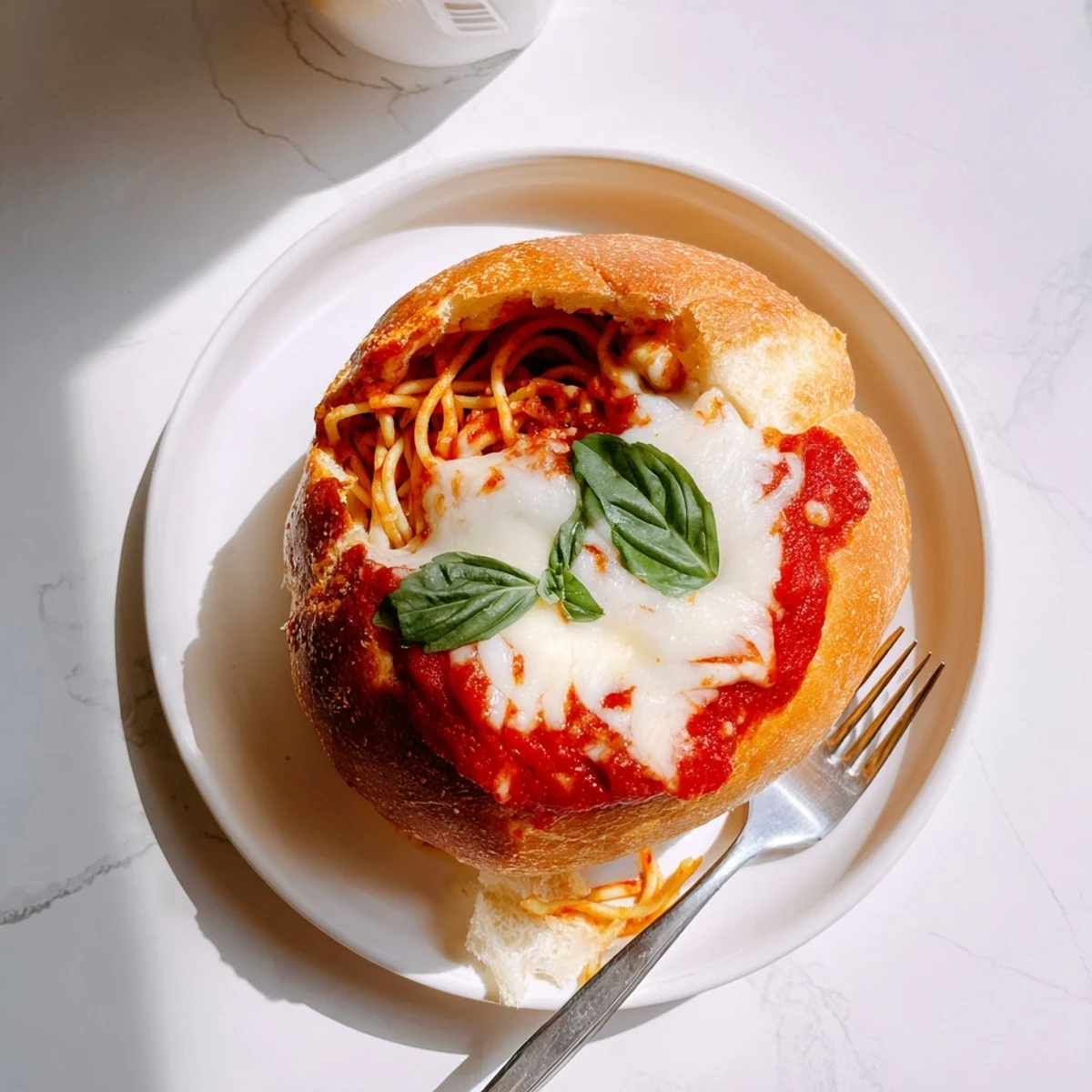Crispy homemade garlic bread bowls serving spaghetti in red sauce on a rustic wooden table