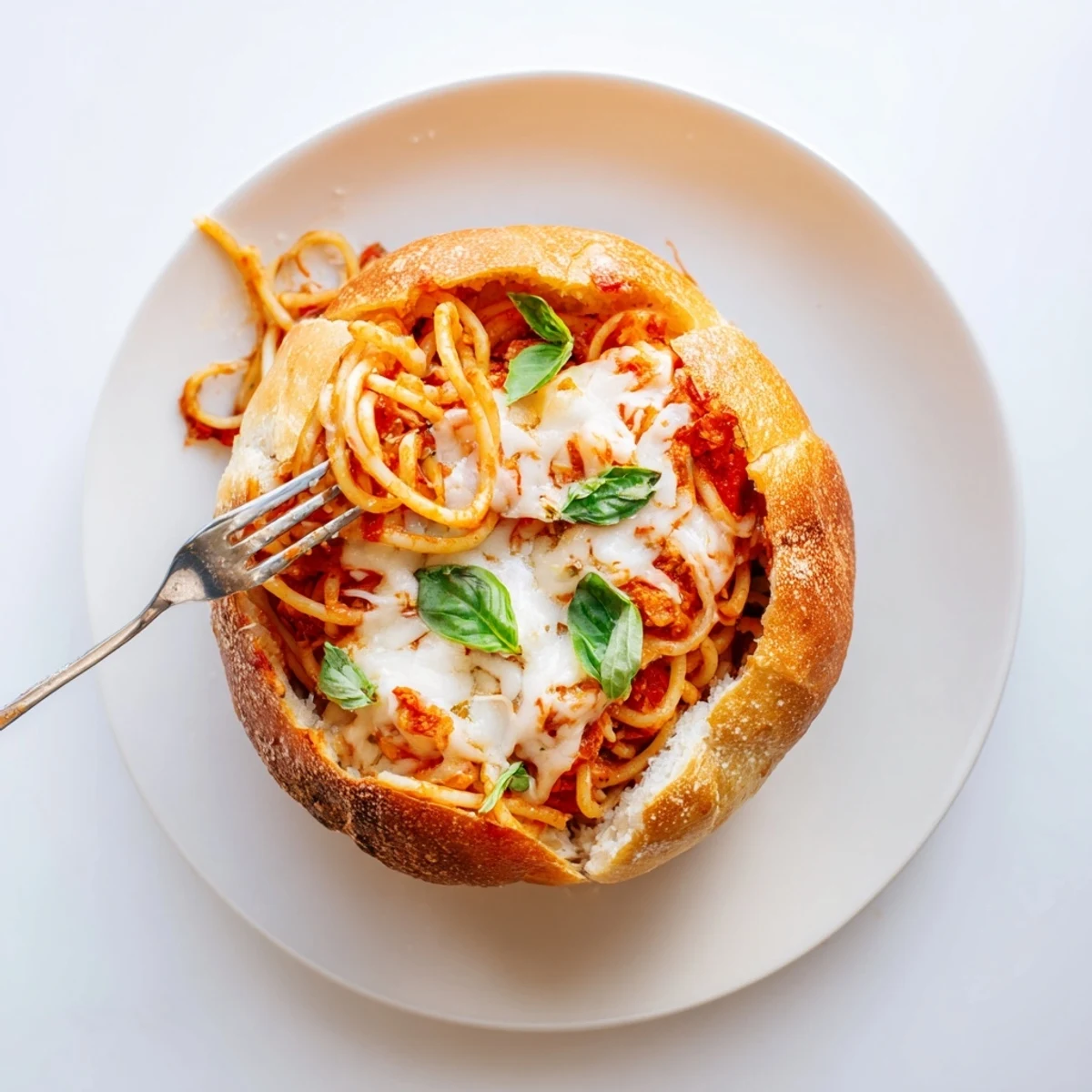 Family-friendly spaghetti garlic bread bowls featuring pasta nestled inside buttery toasted bread rounds