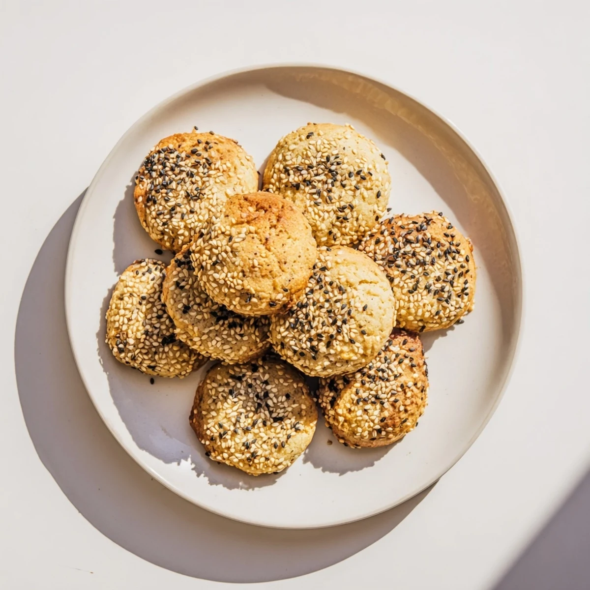 Golden brown easy chewy sesame honey cookies with toasted seed coating on a white plate.
