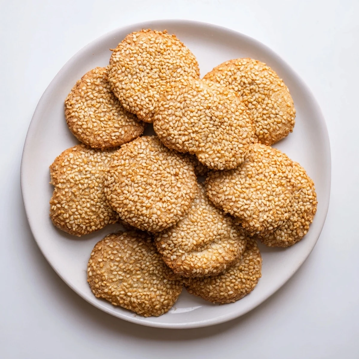 Soft homemade easy chewy sesame honey cookies stacked showing honey drizzle and sesame topping.