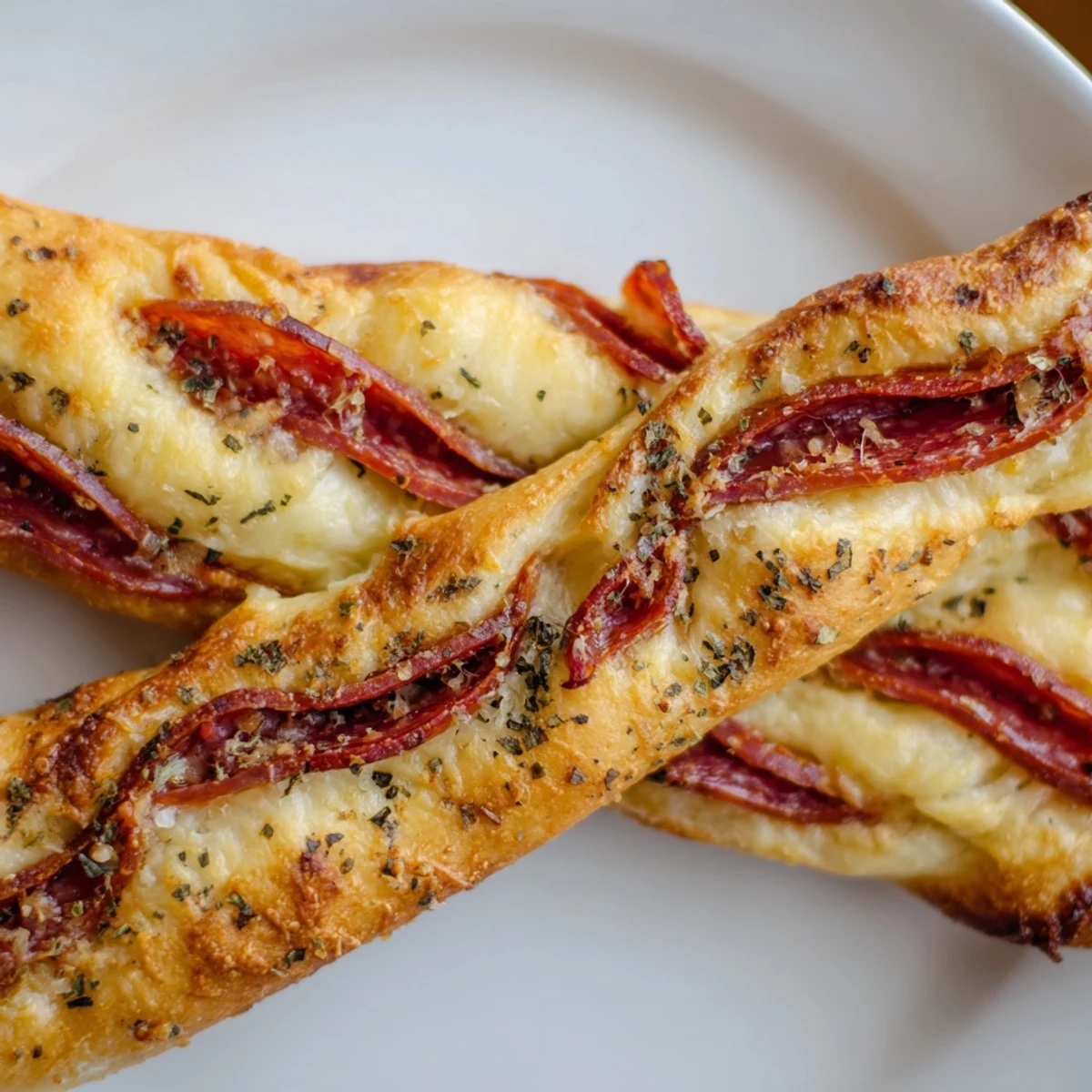 Twisted candy cane pizza breadsticks with bubbly cheese and pepperoni served with warm marinara dipping sauce