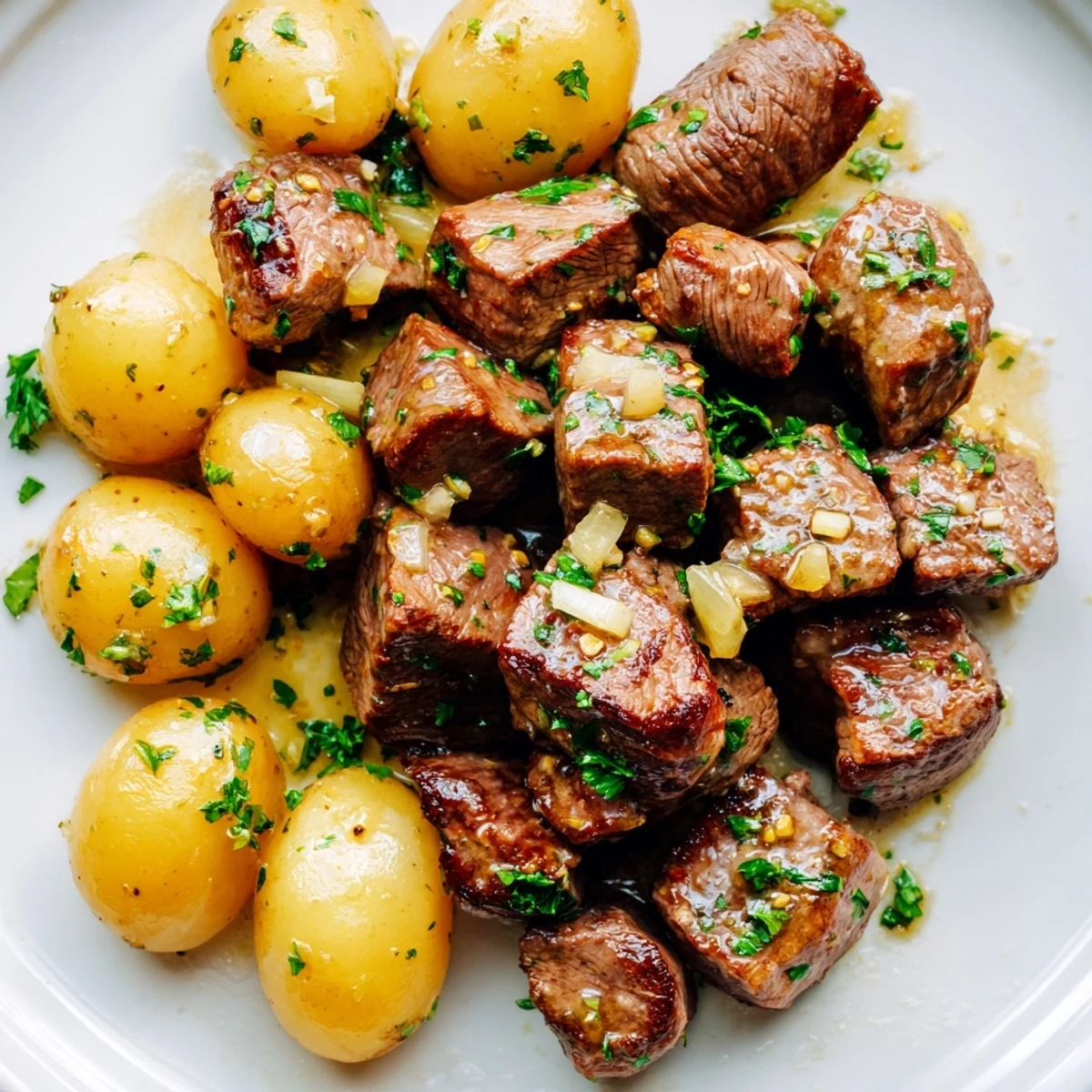 Golden brown steak bites and tender baby potatoes coated in rich garlic butter sauce