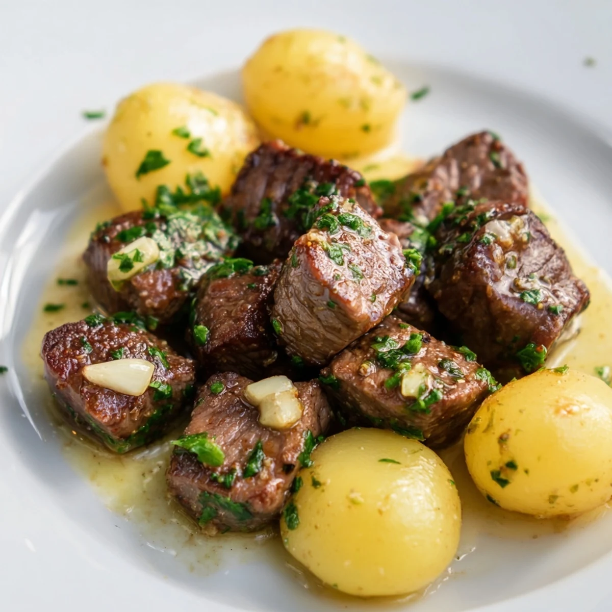 Slow cooker garlic butter steak bites with potatoes garnished with fresh green parsley