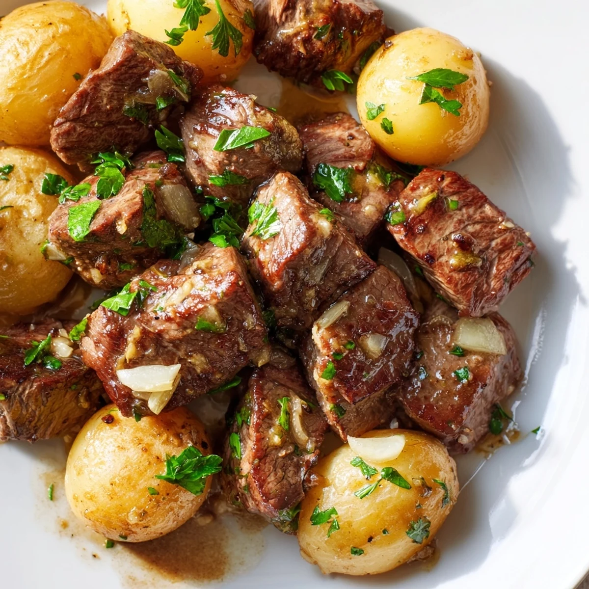Heaping bowl of tender steak and potatoes swimming in savory garlic butter glaze