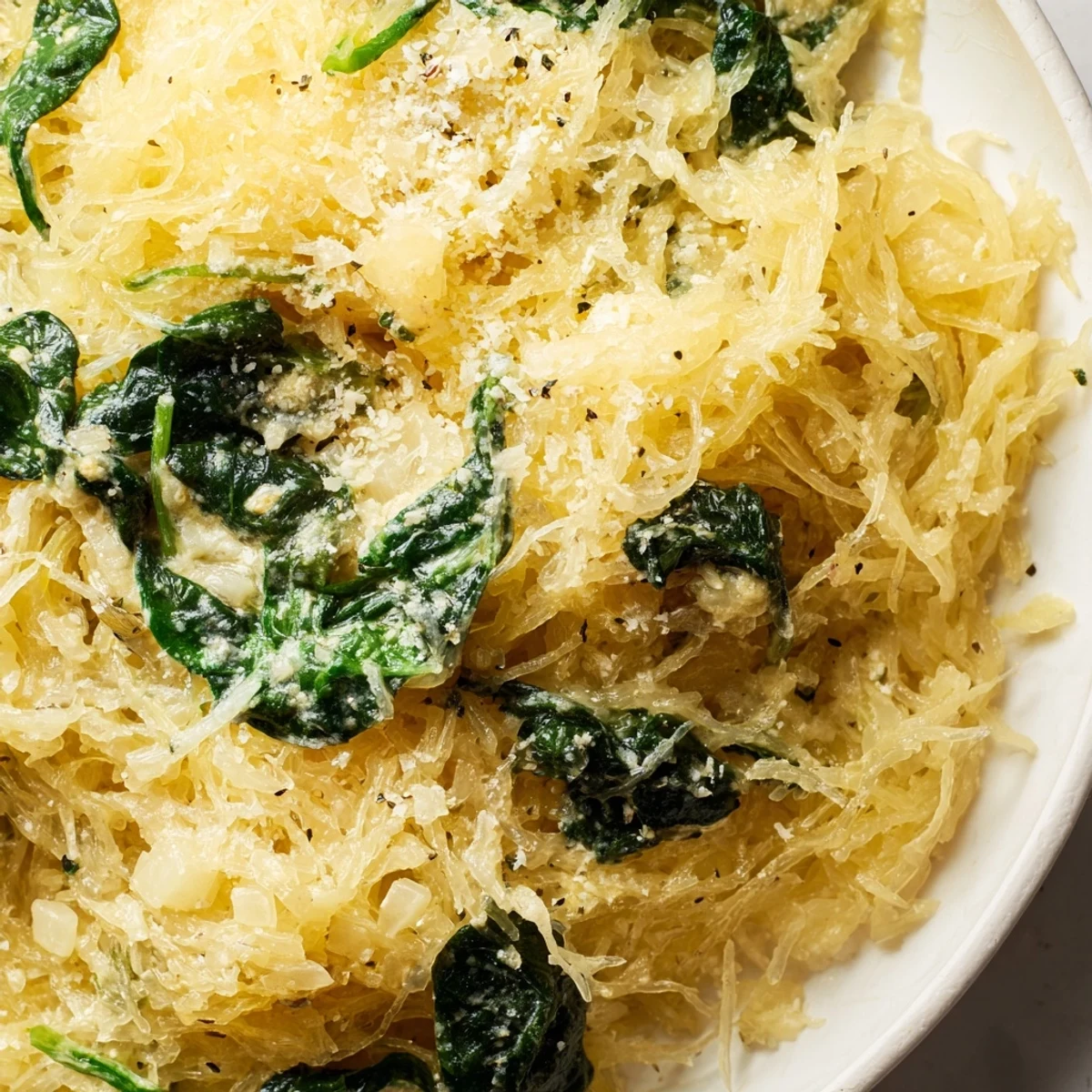 Golden roasted Boursin spaghetti squash strands tossed with melted garlic herb cheese and wilted spinach