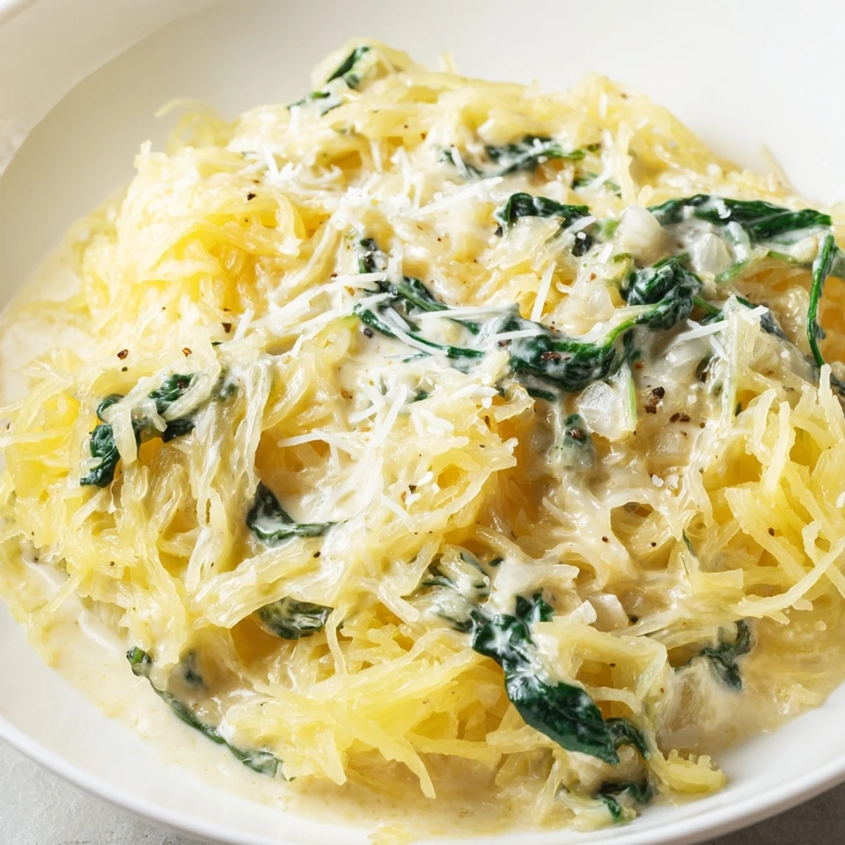 Creamy Boursin spaghetti squash baked to tender perfection in a white serving bowl
