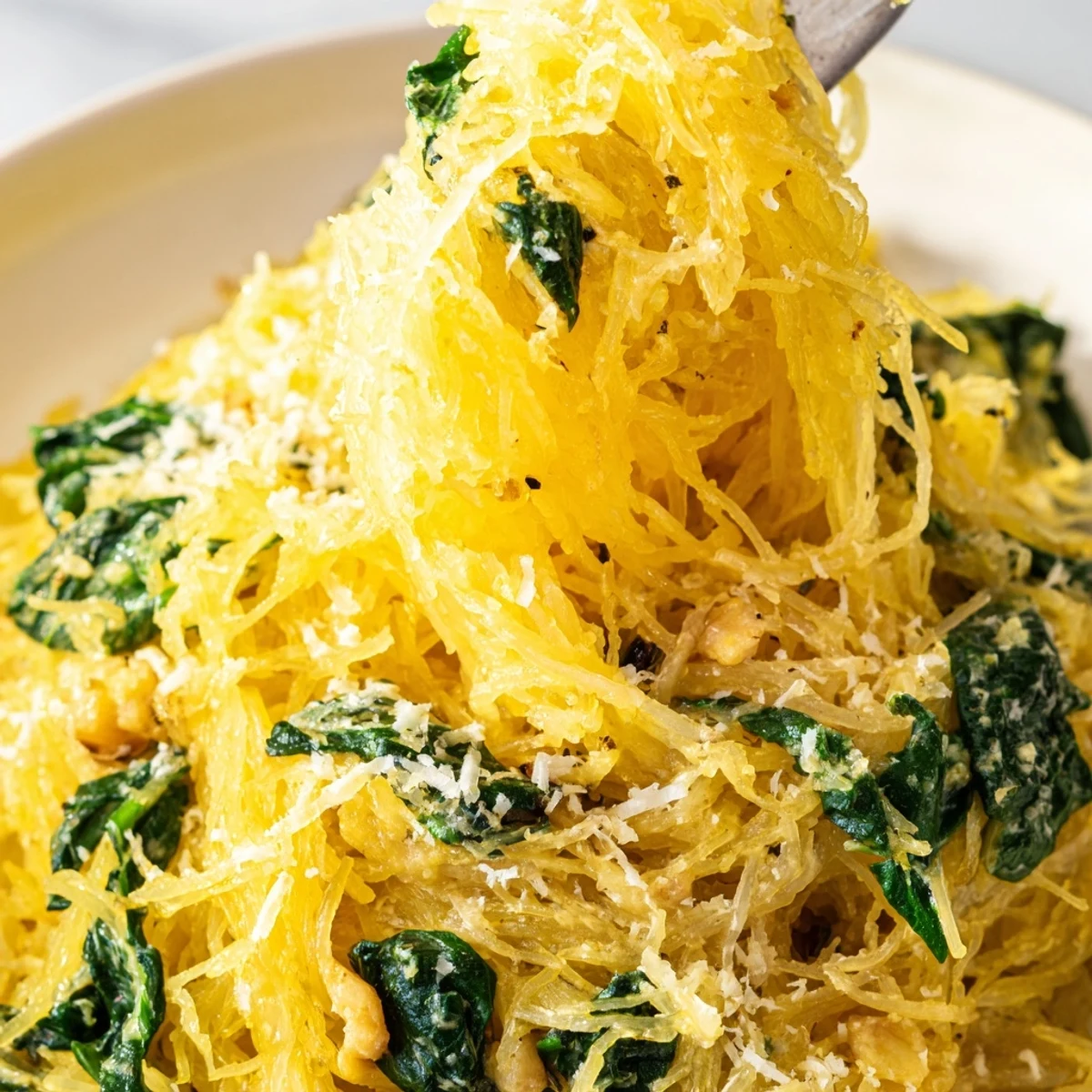 Boursin spaghetti squash with melted herb cheese and fresh spinach garnished with Parmesan