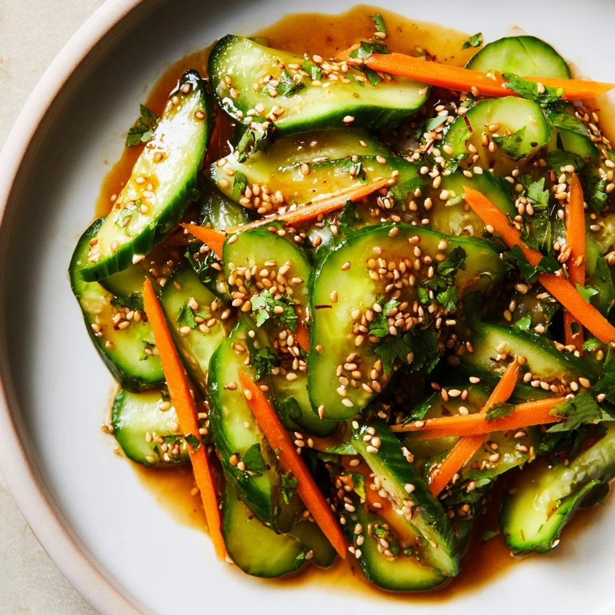 Glass bowl filled with crisp Asian cucumber salad tossed in savory sesame soy dressing with fresh cilantro garnish