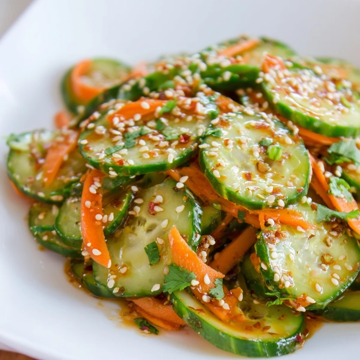 Fresh cucumber slices marinated in tangy Asian dressing with sesame seeds and green onions in white serving bowl