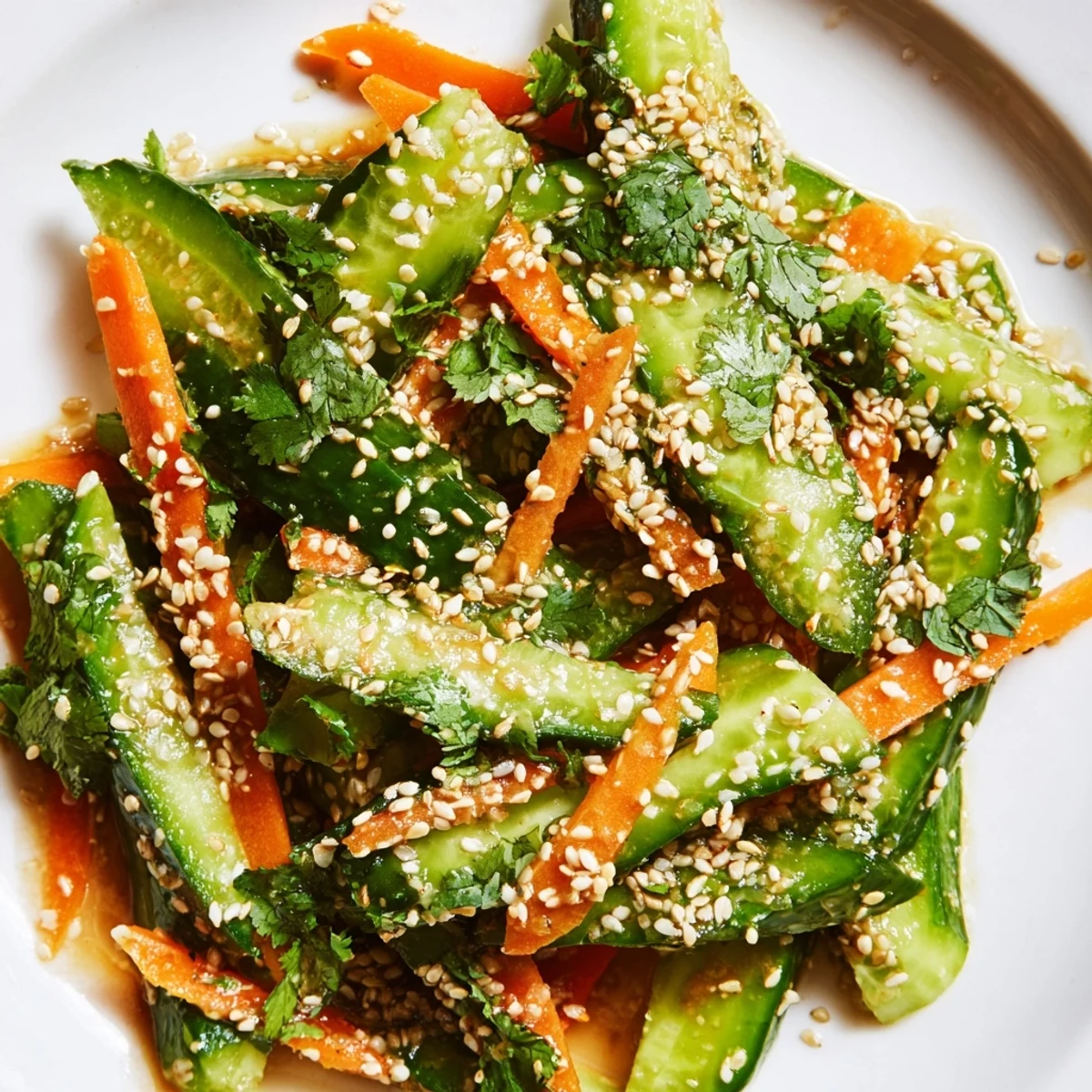 Close-up of crunchy Asian cucumber salad coated in zesty rice vinegar dressing topped with toasted sesame seeds