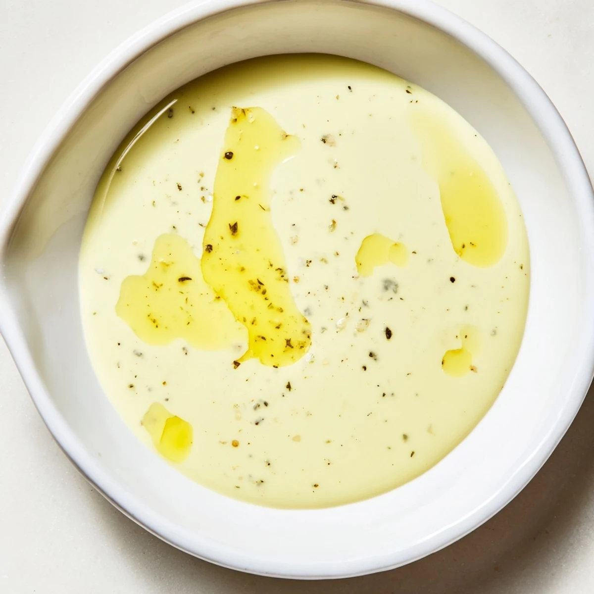 Golden creamy lemon vinaigrette drizzled over fresh green salad in white bowl