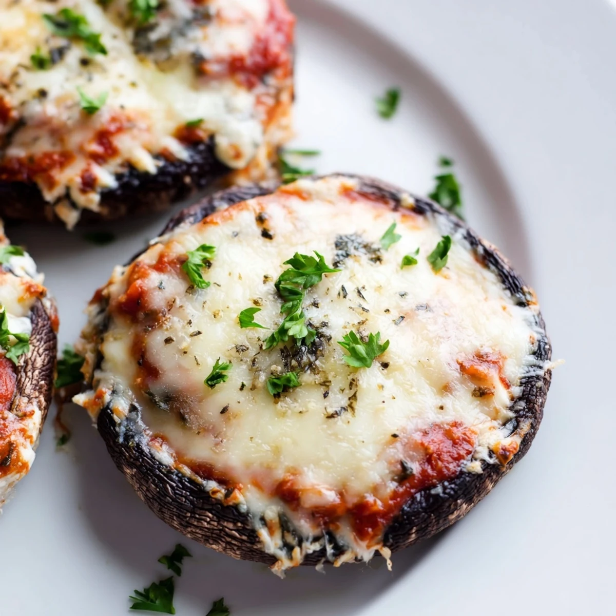 Golden brown portobello mushrooms bubbling with melted mozzarella and rich ricotta lasagna filling