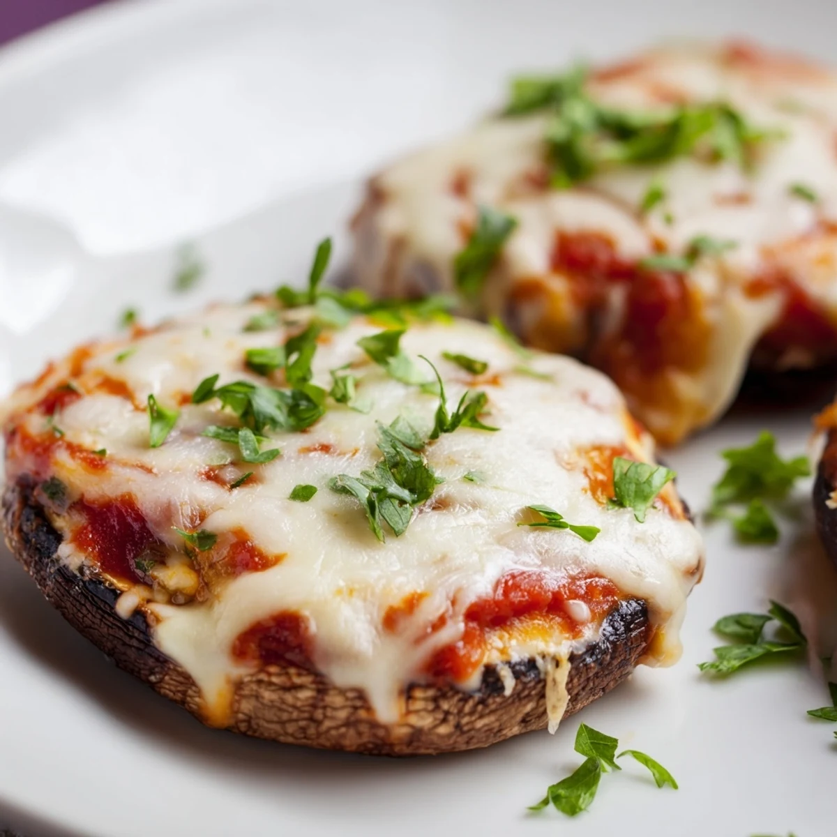 Oven-baked stuffed portobello mushrooms topped with marinara sauce and three cheese lasagna blend