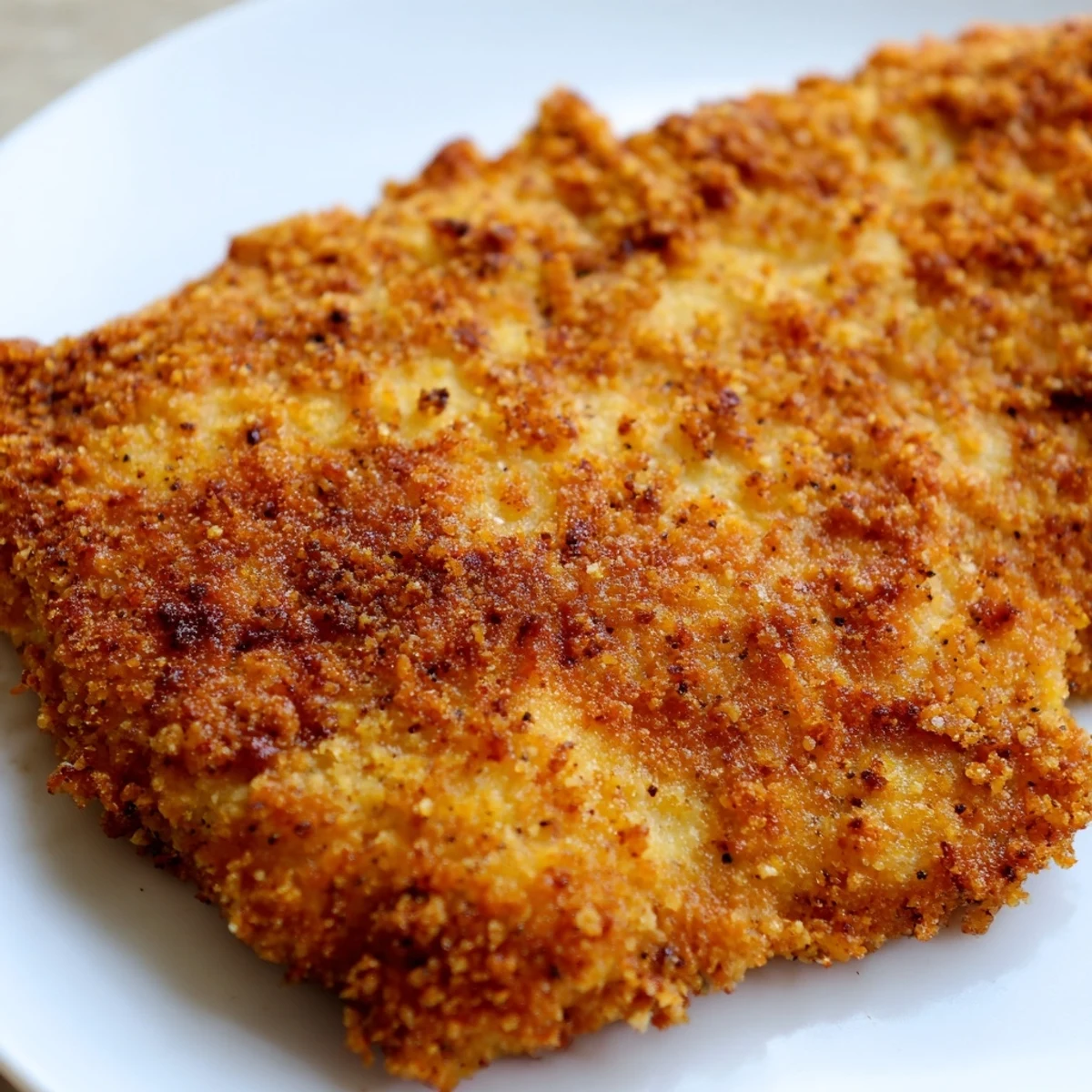 Golden brown crispy chicken fried chicken with crackling seasoned coating on white plate