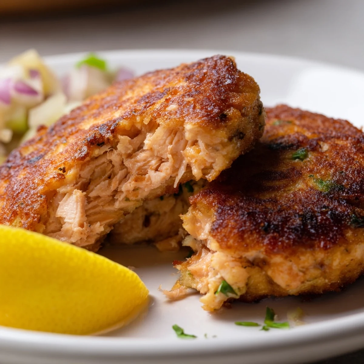 Golden brown easy salmon cakes with canned salmon served on white plate