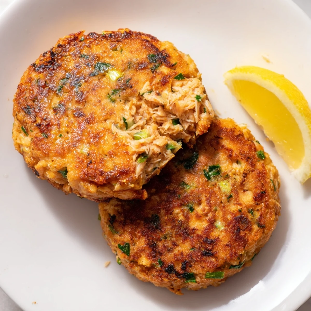 Homemade easy salmon cakes with canned salmon plated with lemon wedge slices
