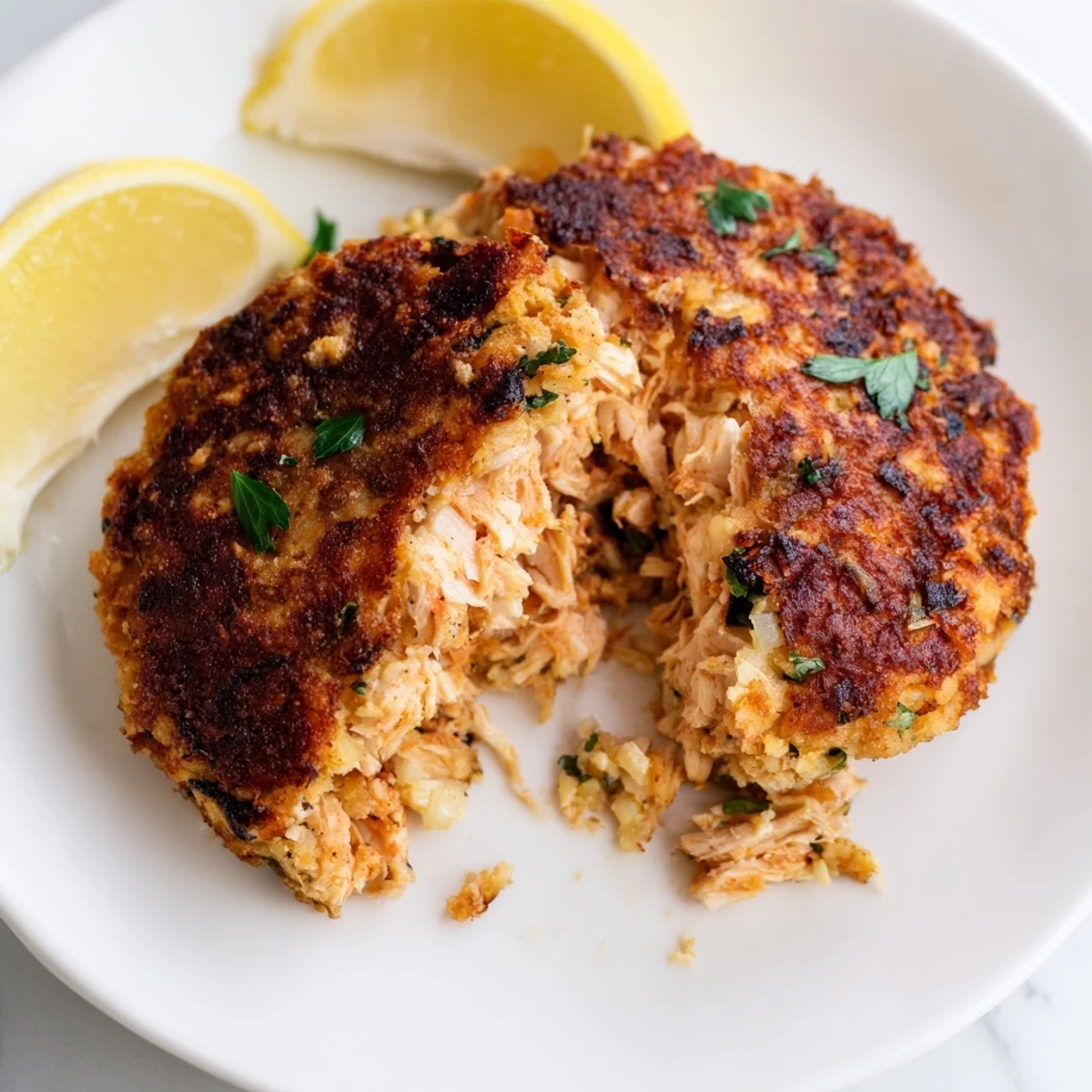 Crispy pan-fried easy salmon cakes with canned salmon garnished with fresh parsley